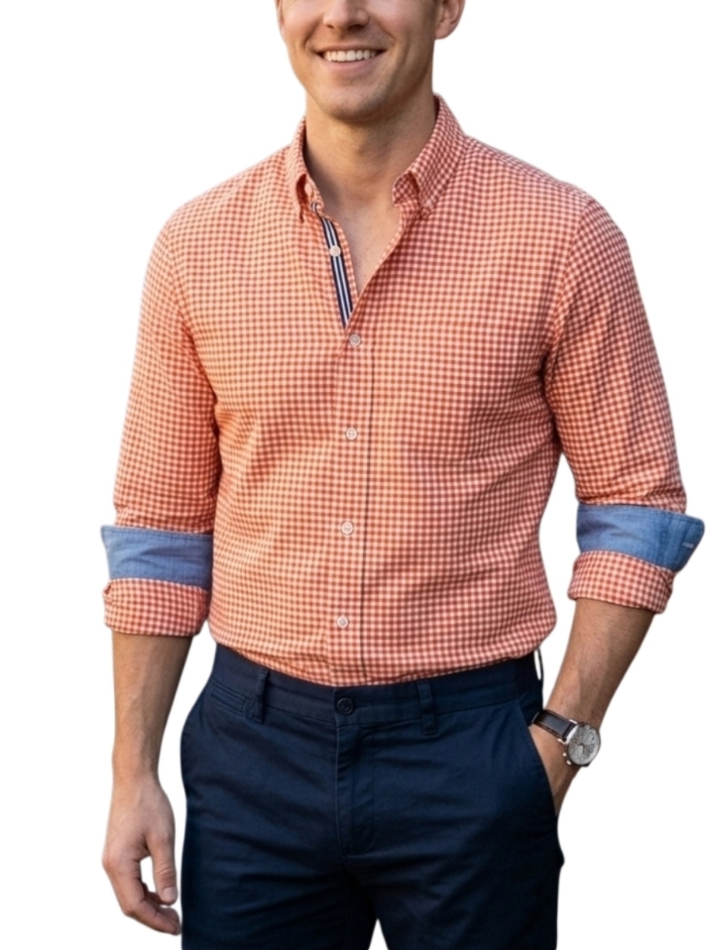 Banana Republic Slim Fit Oxford Shirt Mens M Orange Gingham Check Long Sleeve